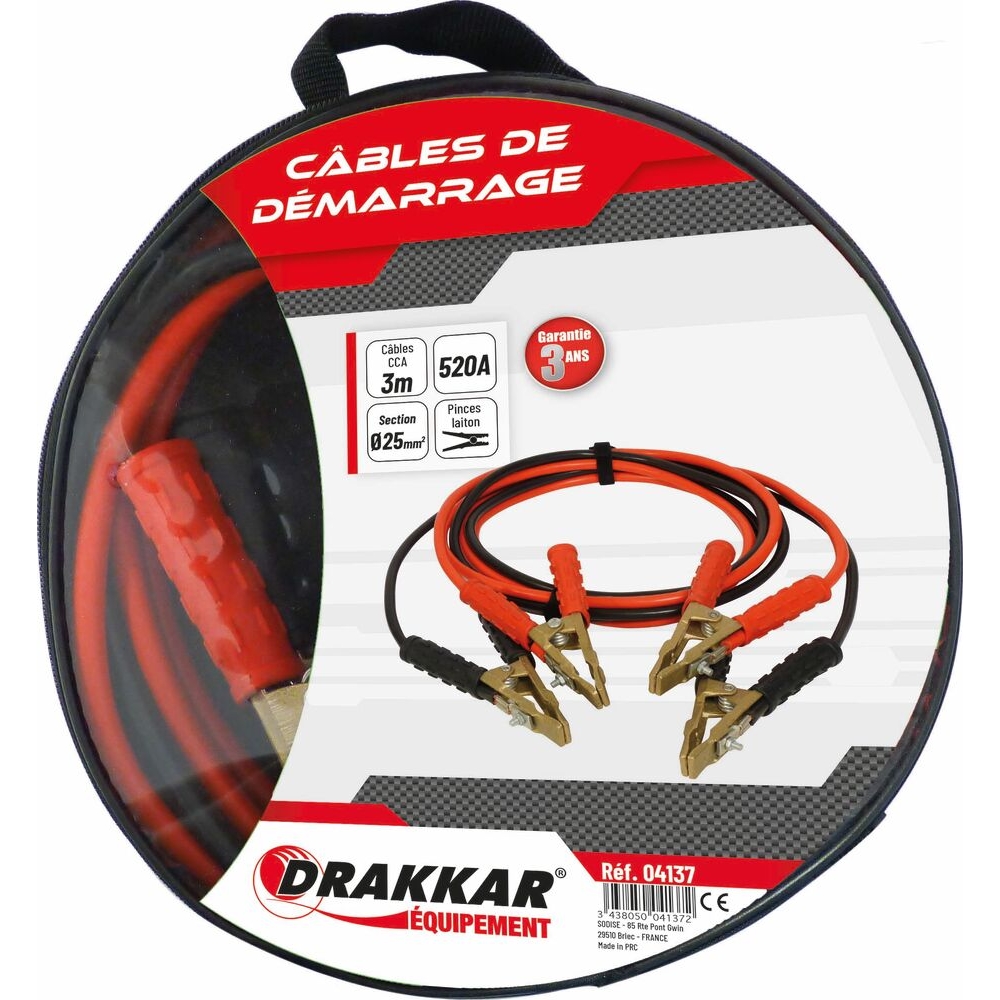 Câbles de démarrage en CCA 25mm² 2x3m 520A pinces en laiton DRAKKAR - 04137