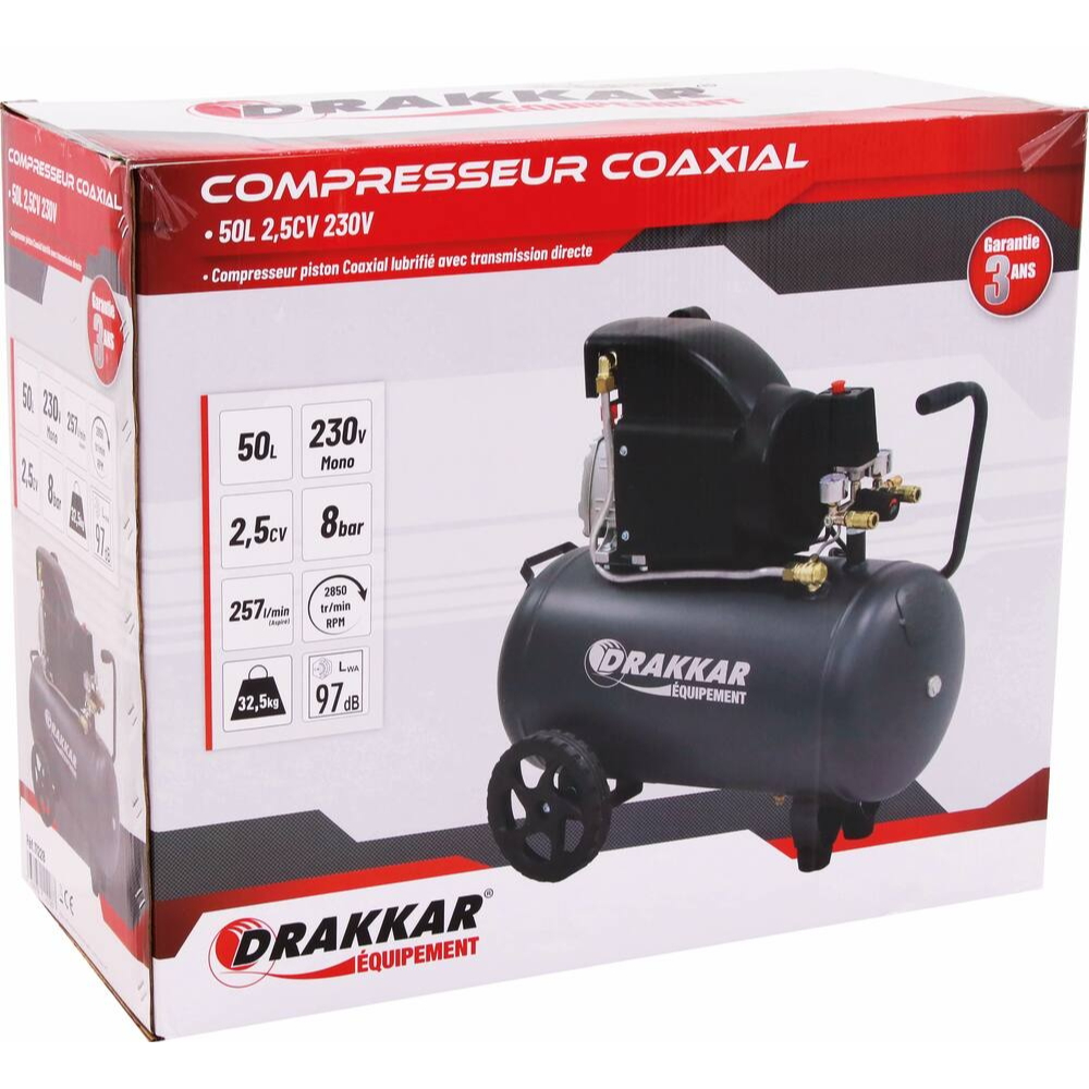 COMPRESSEUR COAXIAL 50L 8 BARS 2.5CV - DRAKKAR EQUIPEMENT - 11228