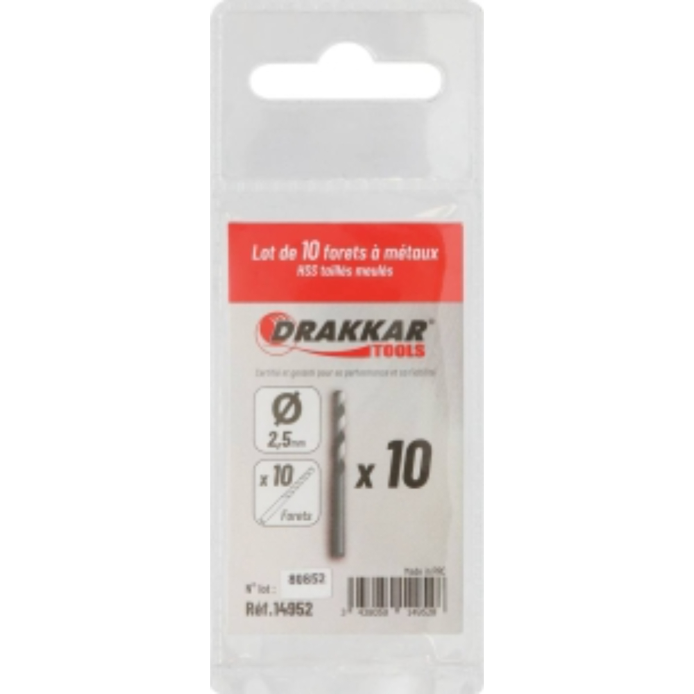 LOT 10 FORETS D. 2.5MM TAILLE MEULE - DRAKKAR TOOLS - 14952