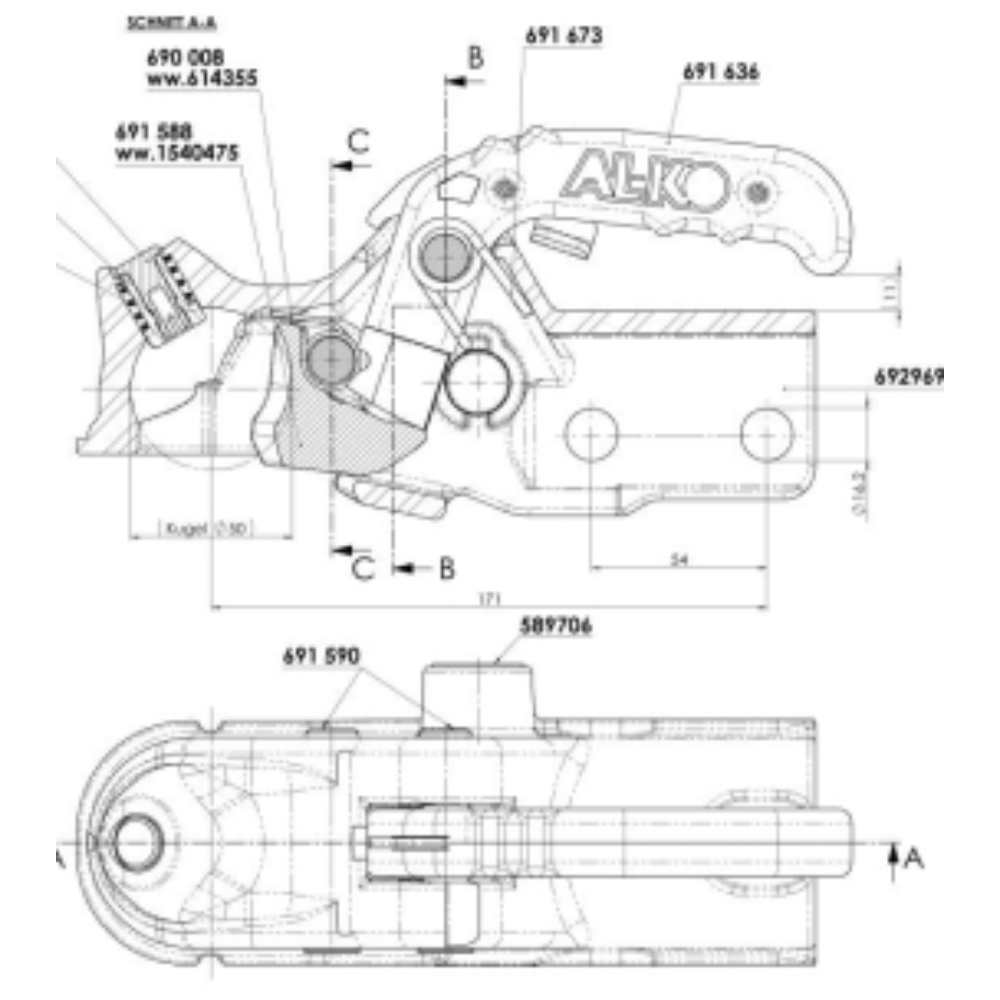 Tête d'attelage 800kg pour timon en V de 50mm ALKO - 16948