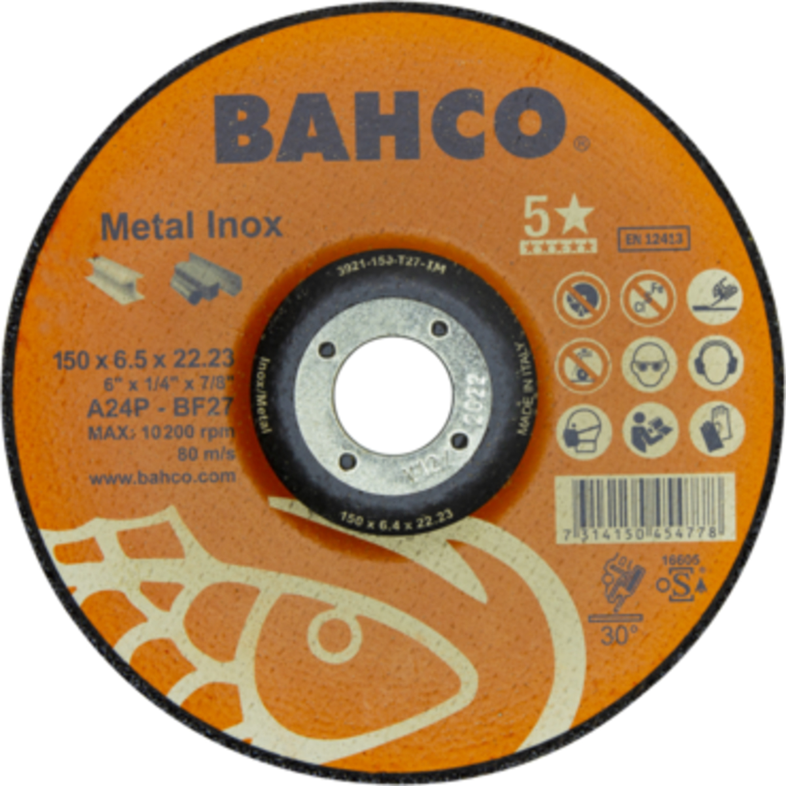 Disque à ébarber inox et métal 150 x 6.4 x 22.23 mm renforcé fibre de verre BAHCO - 3921-150-T27-IM
