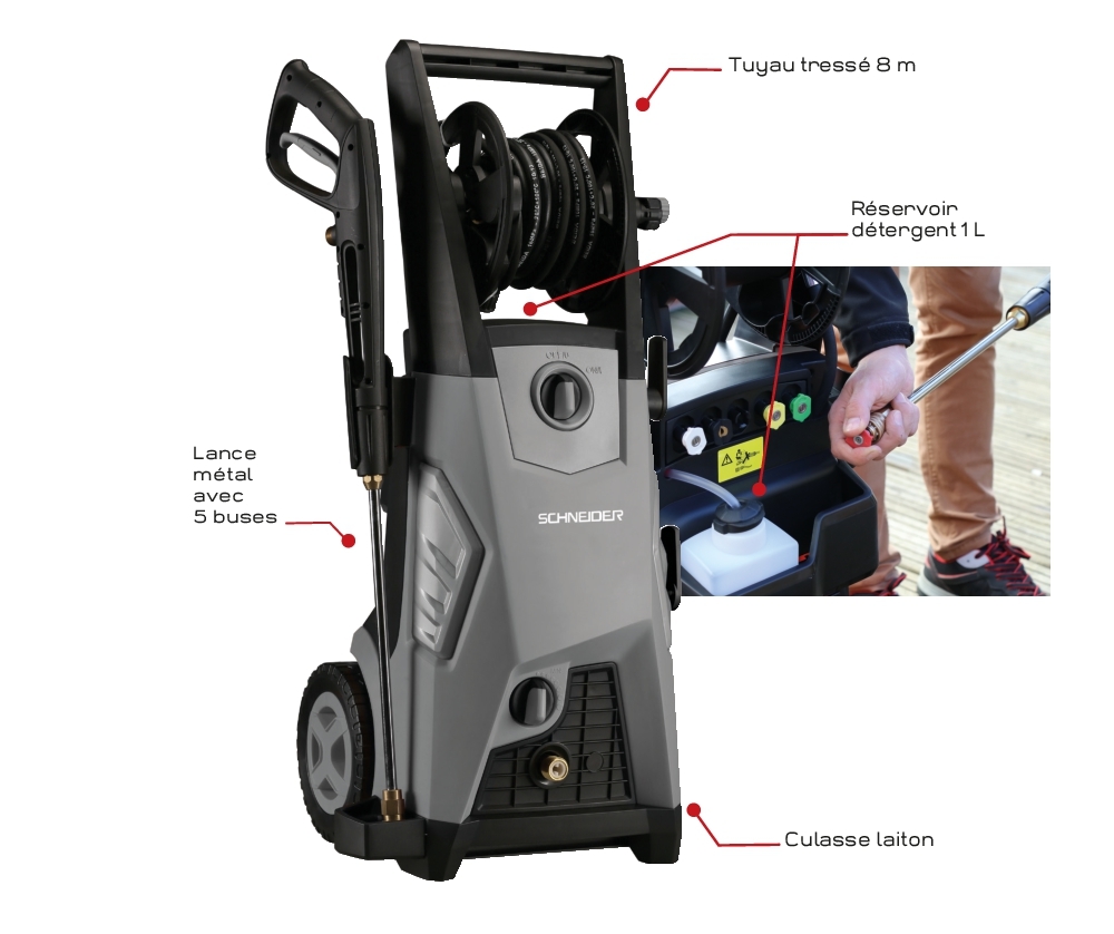 Nettoyeur haute pression eau froide 552 l/h 180 bar 230V SCHNEIDER avec accessoires 50023