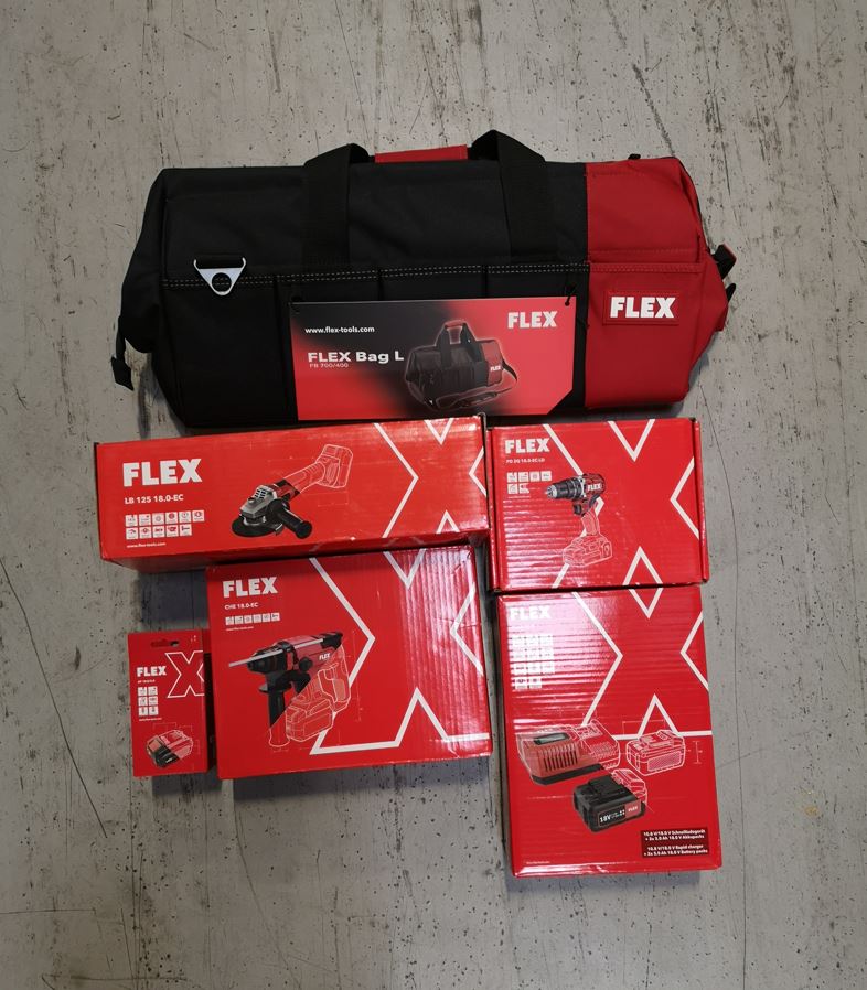 Pack FLEX 3 machines meuleuse, perforateur, perceuse 3 batteries + chargeur + sac 921134 