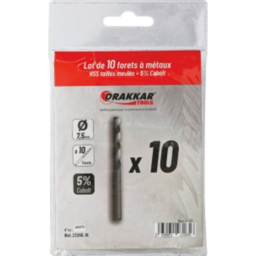 Foret à métaux HSS 5% cobalt 7,5mm - de 1 pcs DRAKKAR TOOLS - 23265
