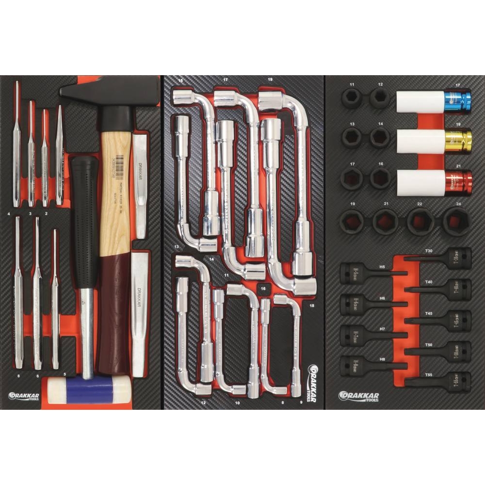 Module mousse 402x189mm carbone clés à pipe 8 à 19mm - 12 pcs DRAKKAR TOOLS - 09873