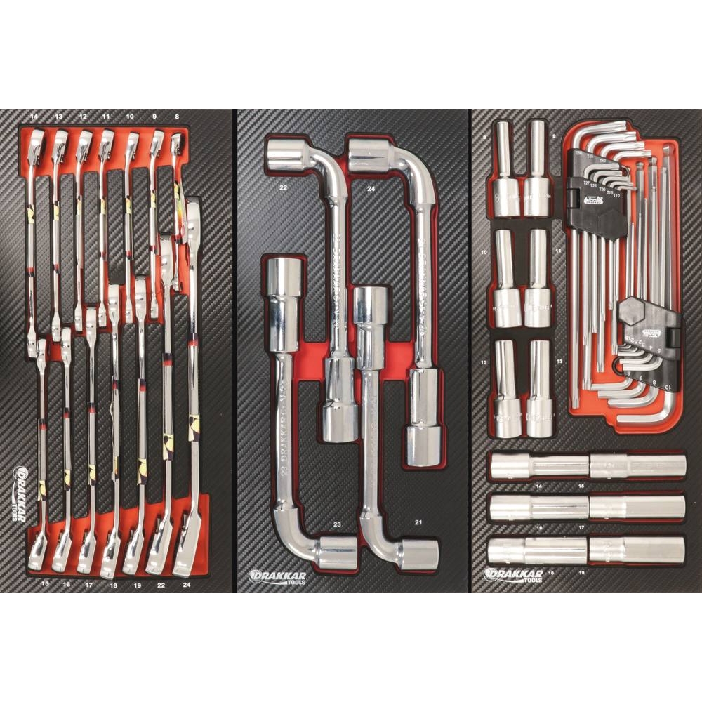 Module mousse 402x189mm carbone douilles longues 1/2" et clés mâles coudées - 31 pcs DRAKKAR TOOLS - 09868