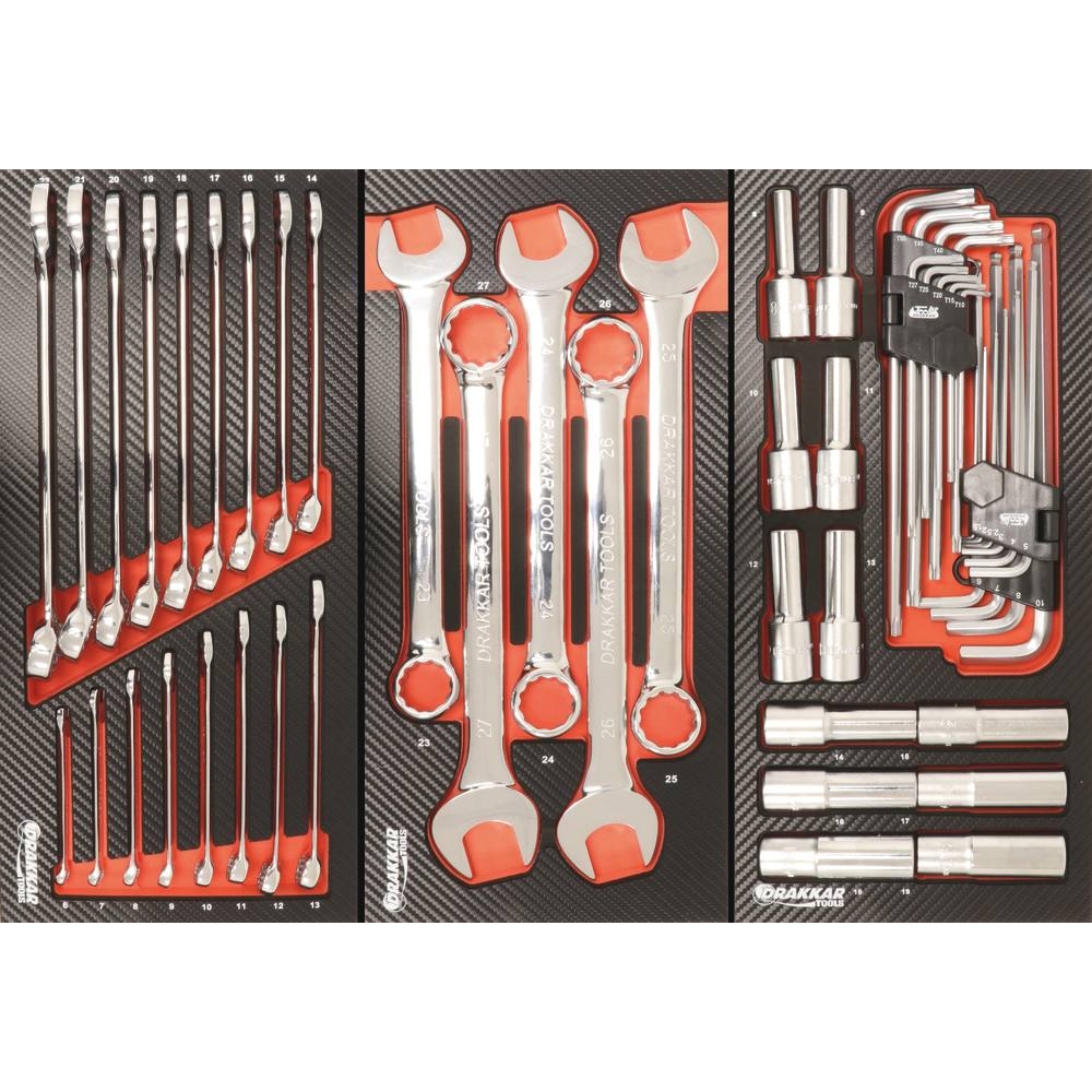 Module mousse 402x189mm carbone douilles longues 1/2" et clés mâles coudées - 31 pcs DRAKKAR TOOLS - 09868
