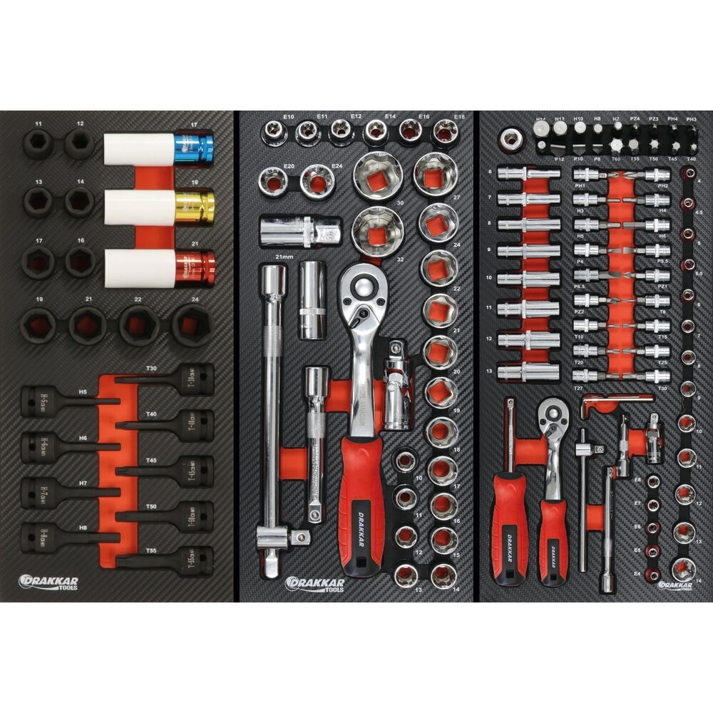 Servante d'atelier 7 tiroirs composée de 187 outils - modules finition carbone DRAKKAR TOOLS - 25048