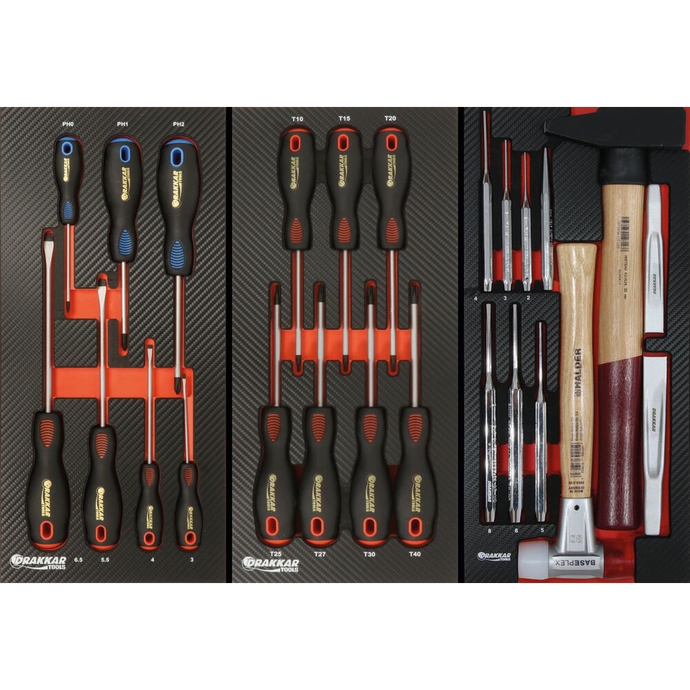 Servante d'atelier 7 tiroirs composée de 187 outils - modules finition carbone DRAKKAR TOOLS - 25048