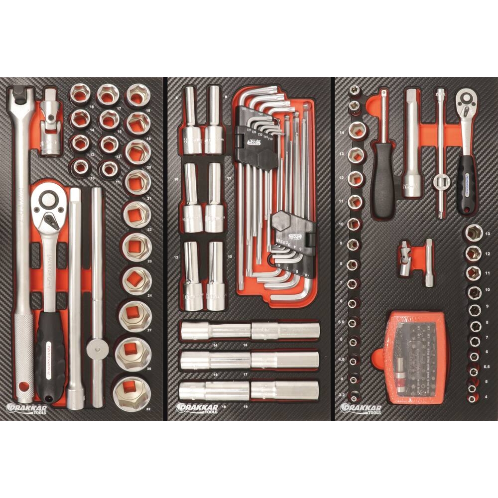 Module mousse 402x189mm carbone douilles longues 1/2" et clés mâles coudées - 31 pcs DRAKKAR TOOLS - 09868
