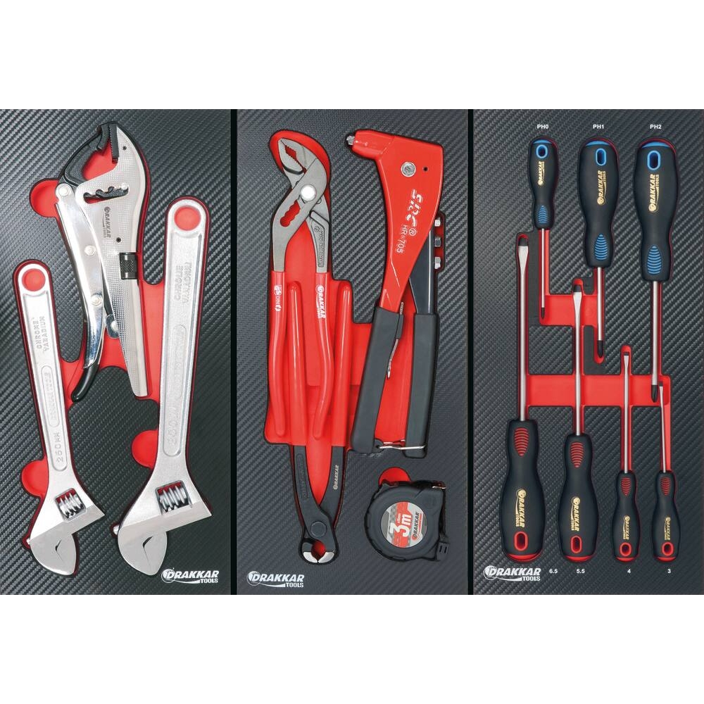 Servante d'atelier 7 tiroirs composée de 198 outils - modules finition carbone DRAKKAR TOOLS - 25054