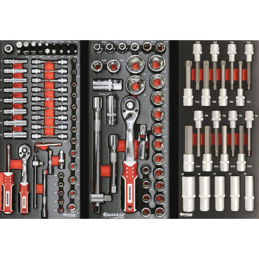 Servante d'atelier 8 tiroirs composée de 212 outils - modules finition métal DRAKKAR TOOLS - 25070