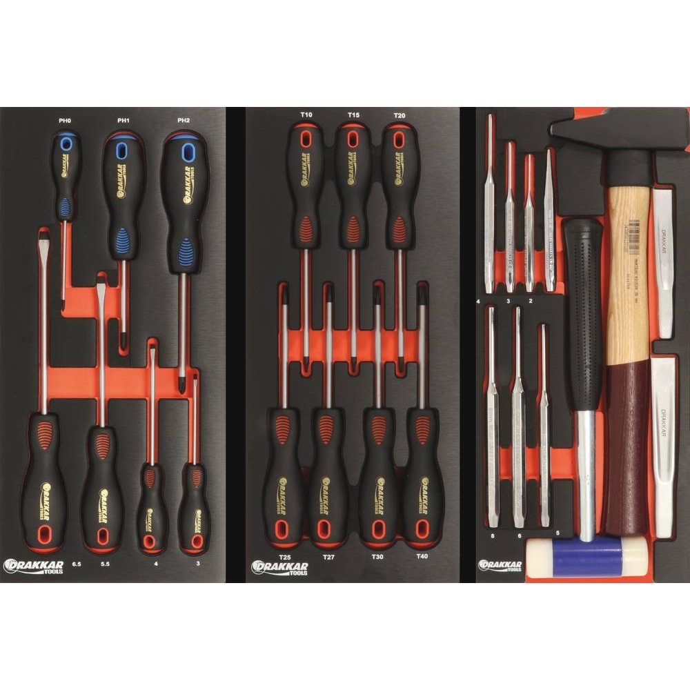 Servante d'atelier 8 tiroirs composée de 212 outils - modules finition métal DRAKKAR TOOLS - 25070