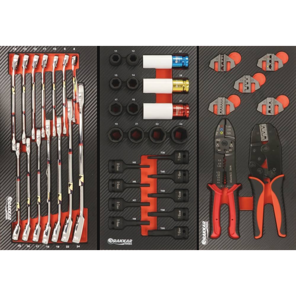 Module mousse 402x189mm carbone clés mixtes coudées à cliquet de 8 à 24mm - 14 pcs DRAKKAR TOOLS - 09882