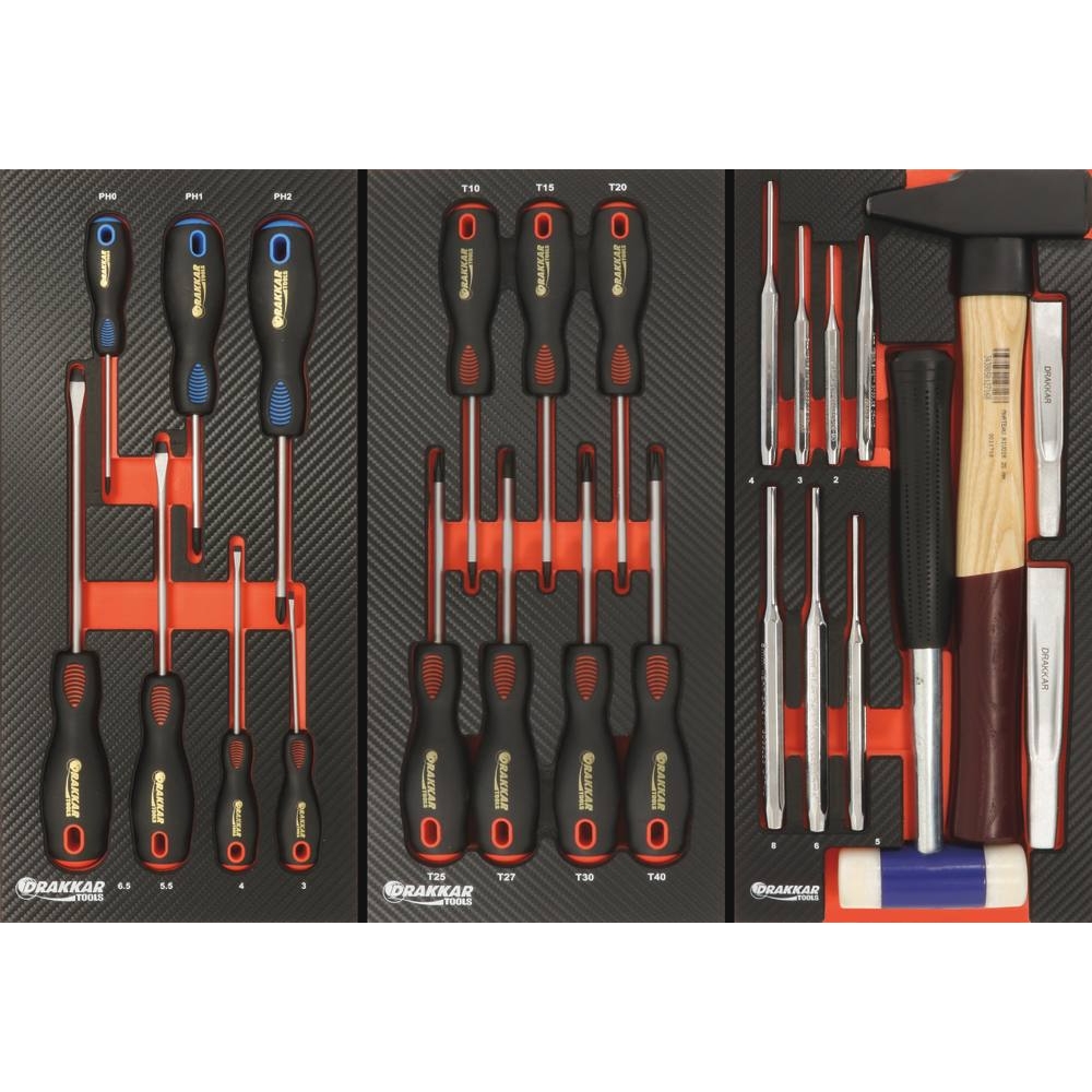 Servante d'atelier 7 tiroirs composée de 215 outils - modules finition carbone DRAKKAR TOOLS - 25081