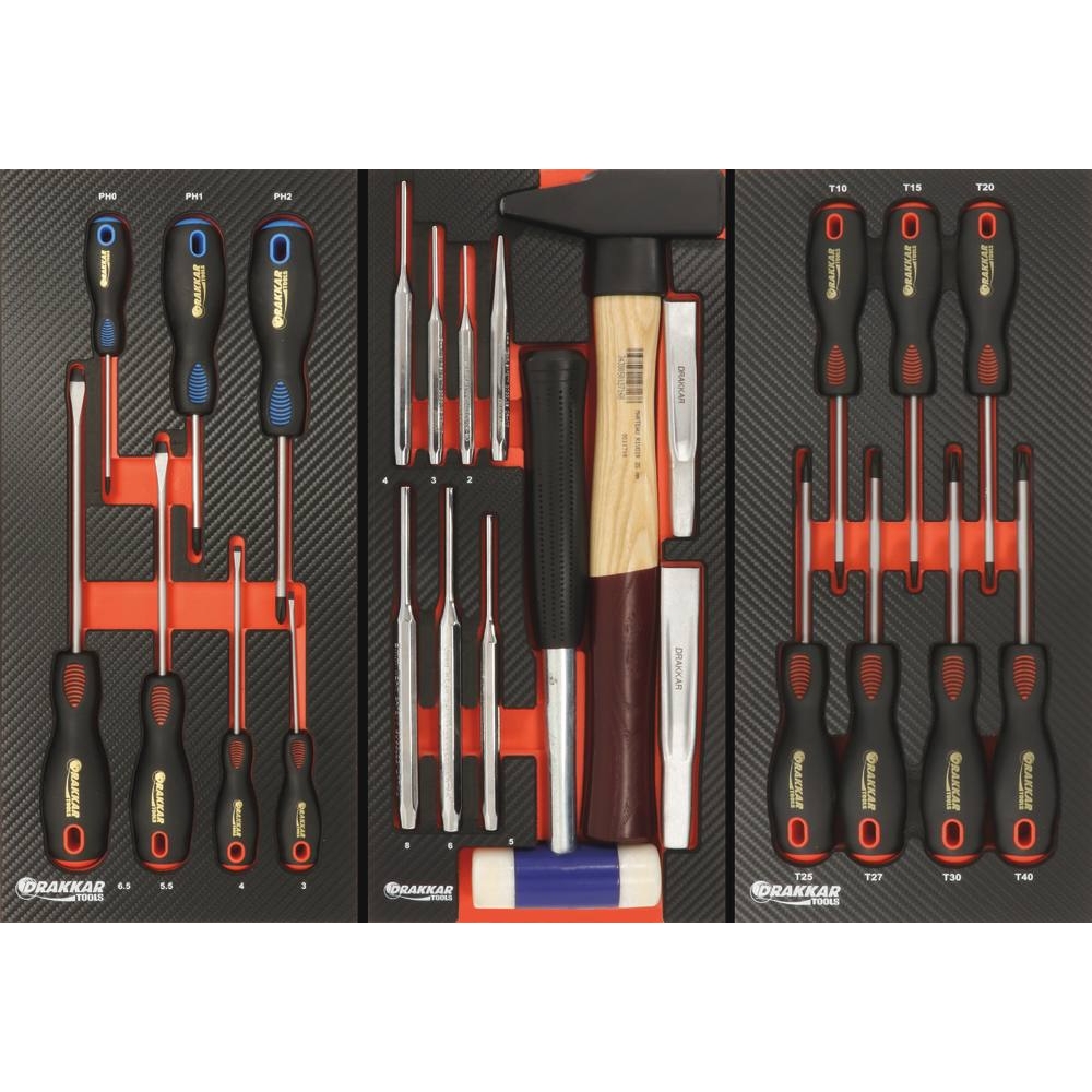 Servante d'atelier 7 tiroirs et 2 portes latérales composée de 69 outils + consommables - modules finition carbone DRAKKAR TOOLS - 25105
