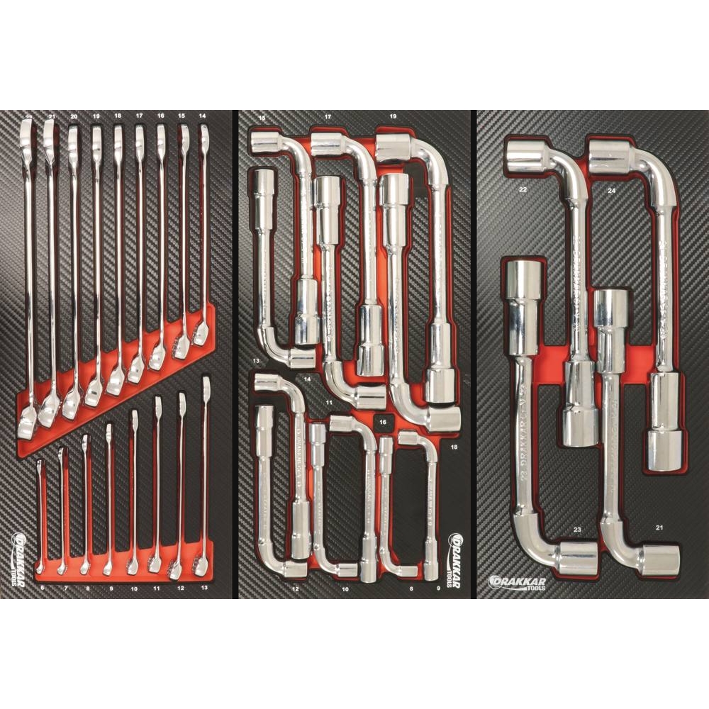 Servante d'atelier 7 tiroirs et 2 portes latérales composée de 69 outils + consommables - modules finition carbone DRAKKAR TOOLS - 25105