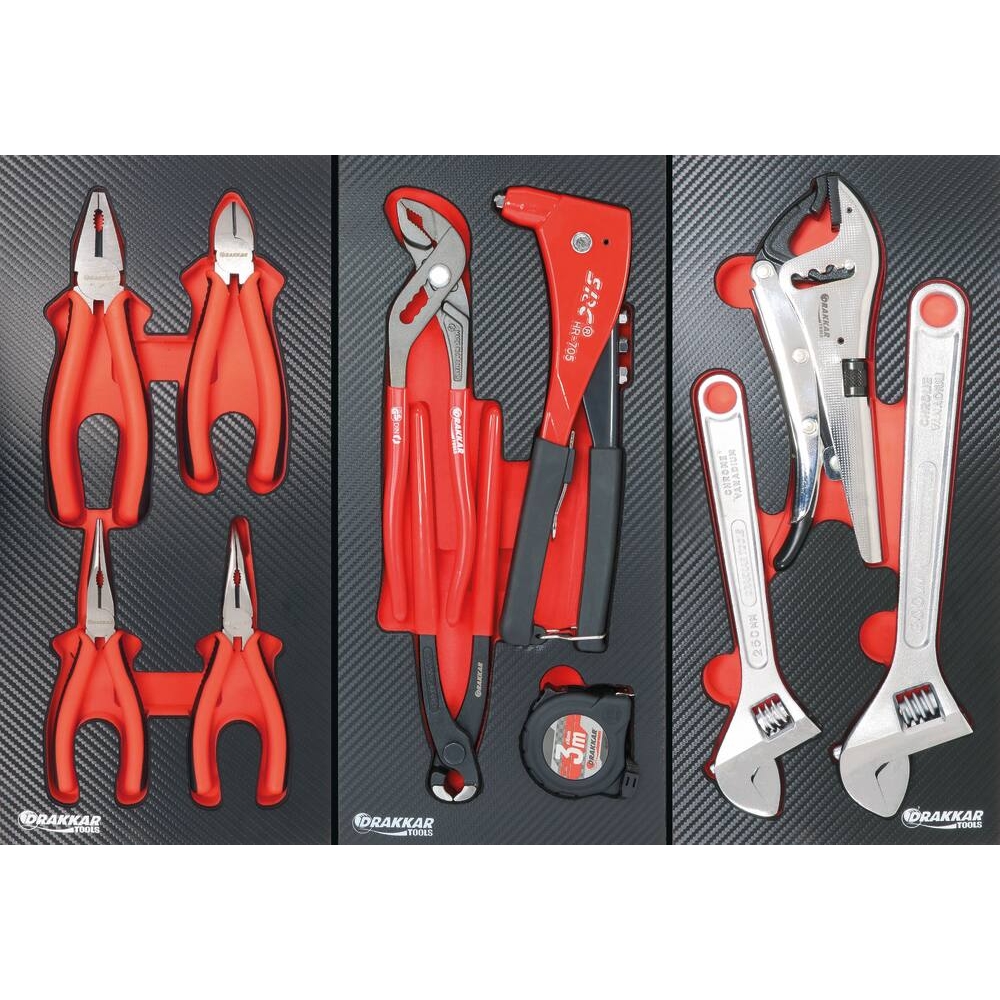Servante d'atelier 7 tiroirs et 2 portes latérales composée de 69 outils + consommables - modules finition carbone DRAKKAR TOOLS - 25105