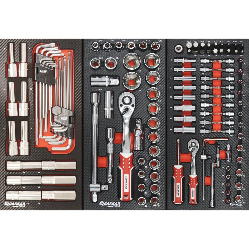 Servante d'atelier 7 tiroirs composée de 234 outils - modules finition carbone DRAKKAR TOOLS - 25112