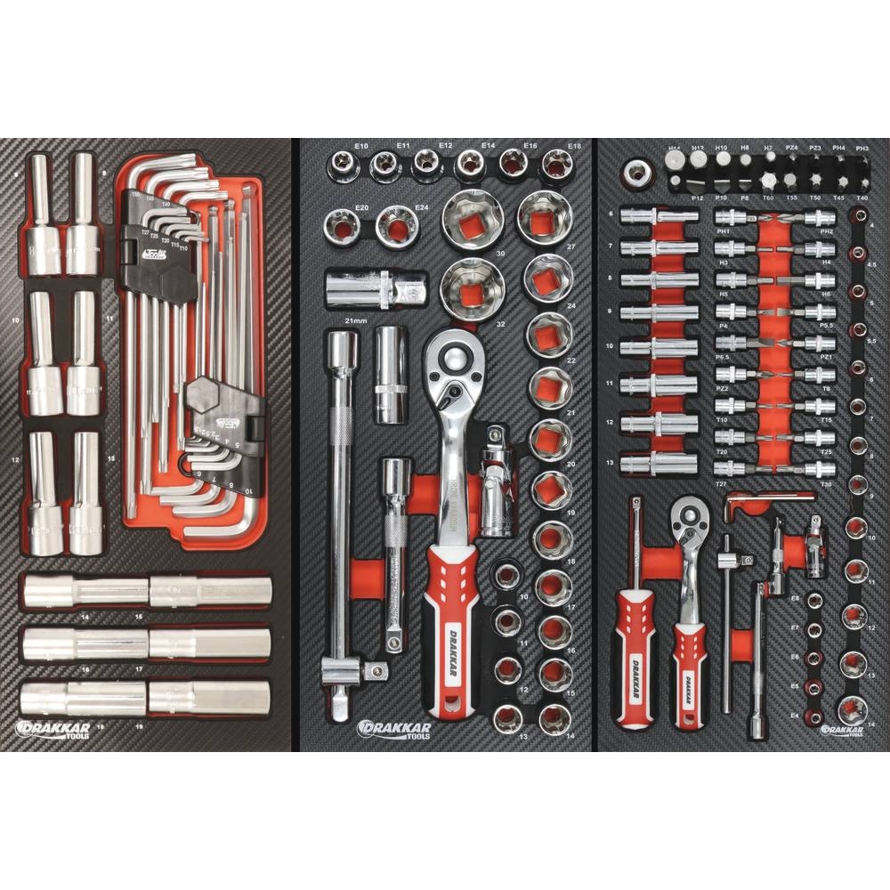 Servante d'atelier 7 tiroirs composée de 188 outils - modules finition carbone DRAKKAR TOOLS - 25113