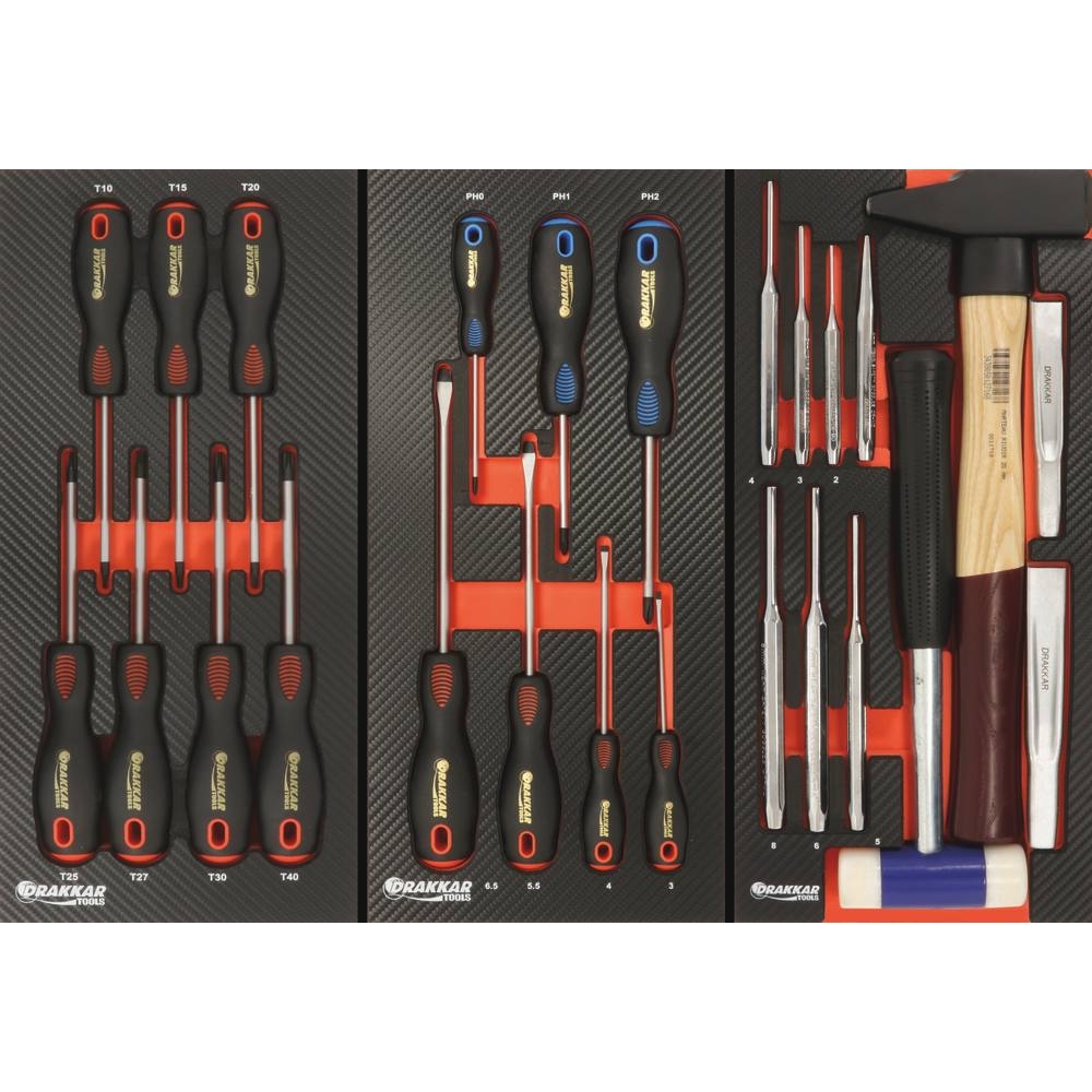 Servante d'atelier 7 tiroirs composée de 188 outils - modules finition carbone DRAKKAR TOOLS - 25113