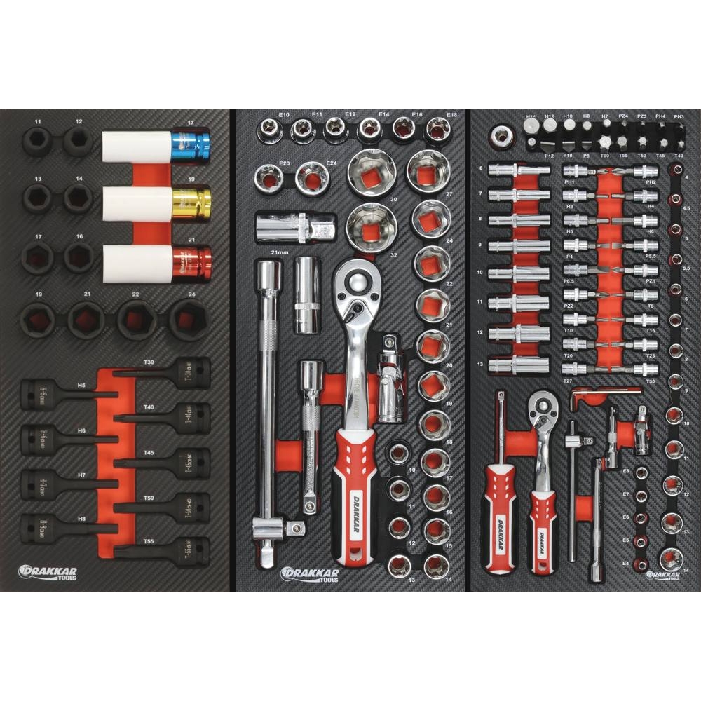 Servante d'atelier 7 tiroirs composée de 187 outils - modules finition carbone DRAKKAR TOOLS - 25116