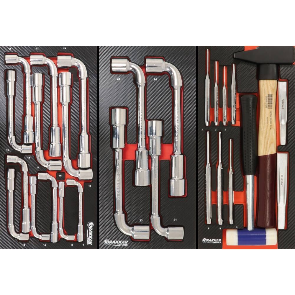 Servante d'atelier 7 tiroirs composée de 191 outils - modules finition carbone DRAKKAR TOOLS - 25120