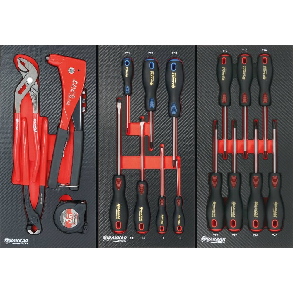 Servante d'atelier 7 tiroirs composée de 235 outils - modules finition carbone DRAKKAR TOOLS - 25123