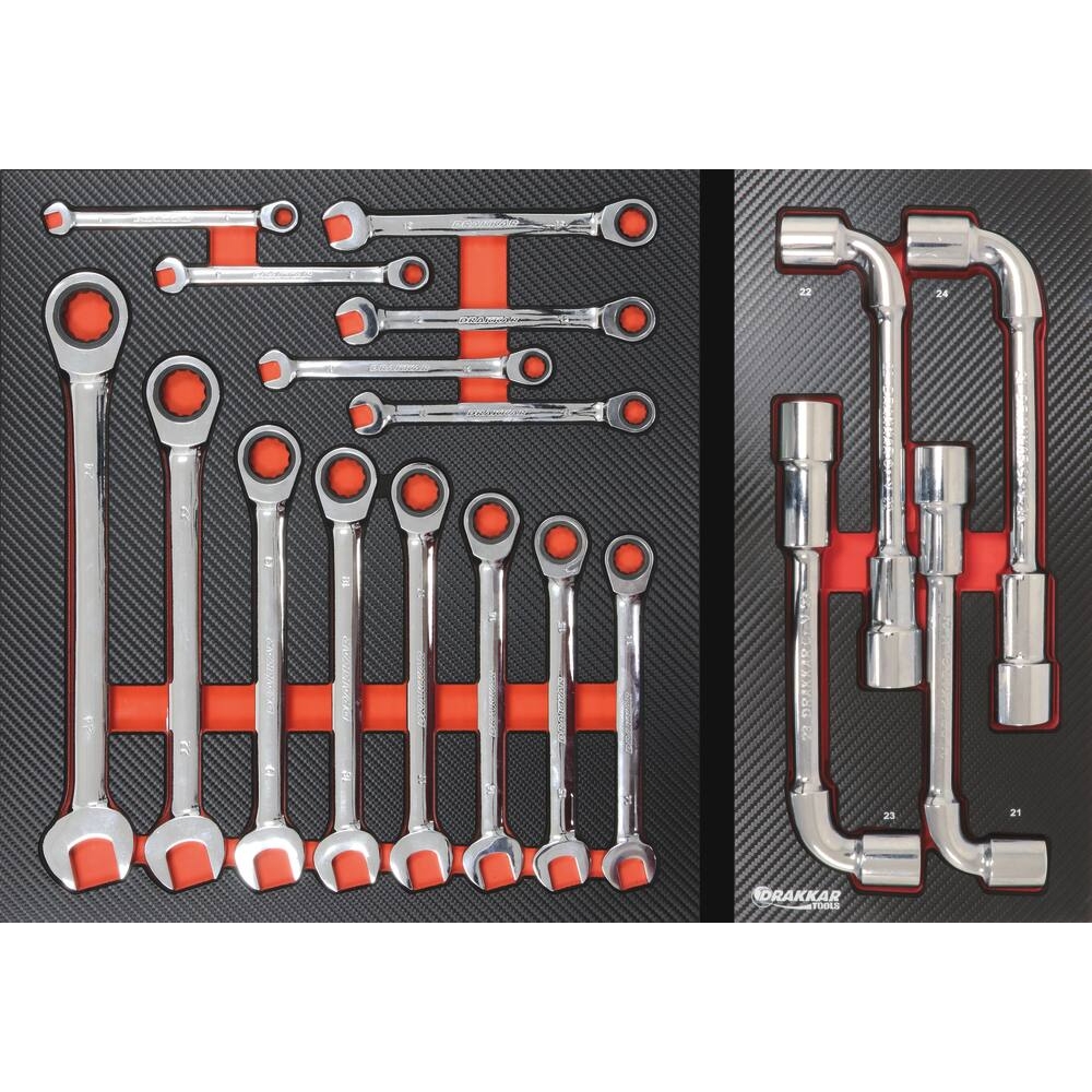 Module mousse 402x380mm carbone clés à cliquet droites - 14 pcs DRAKKAR TOOLS - 09841