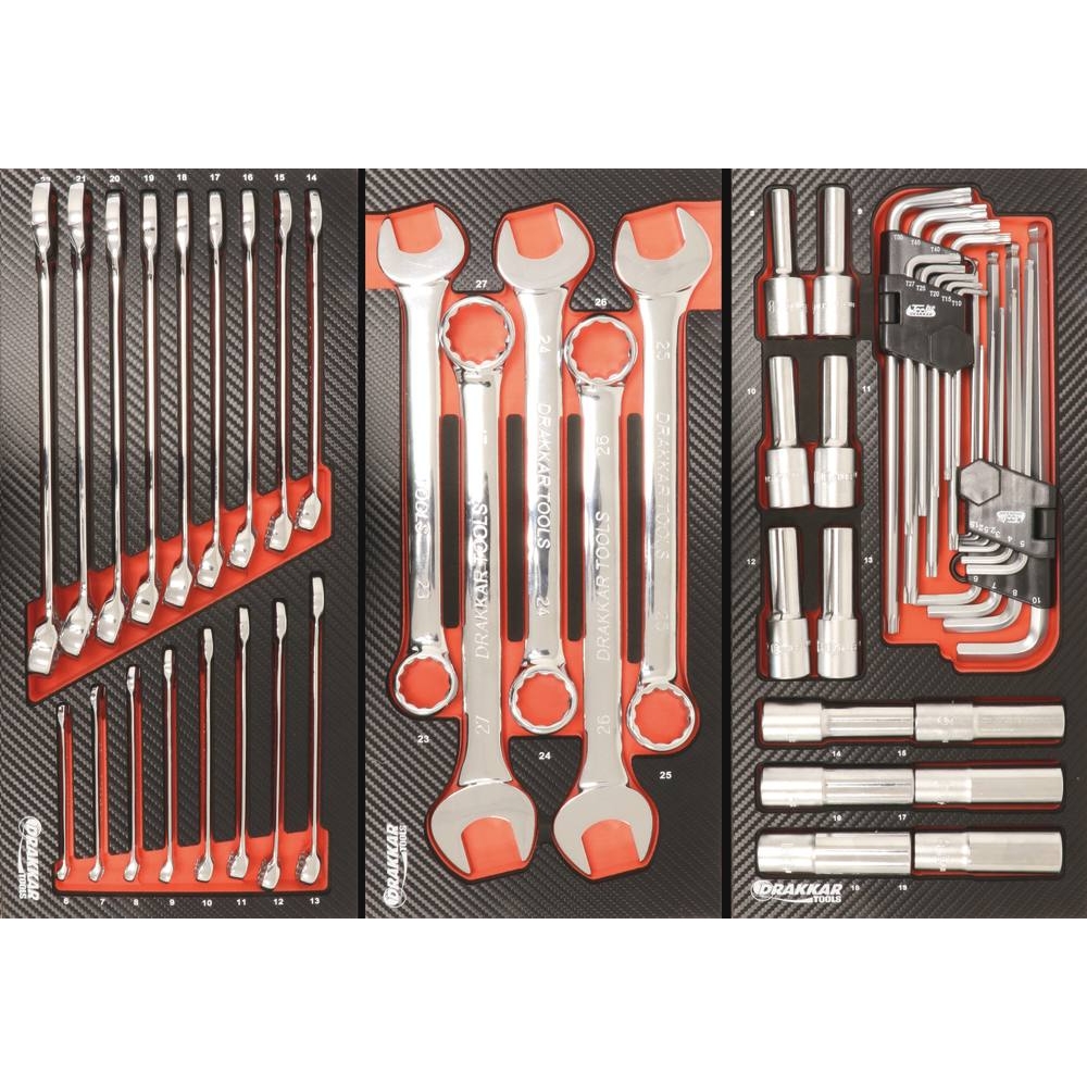 Module mousse 402x189mm carbone douilles longues 1/2" et clés mâles coudées - 31 pcs DRAKKAR TOOLS - 09868