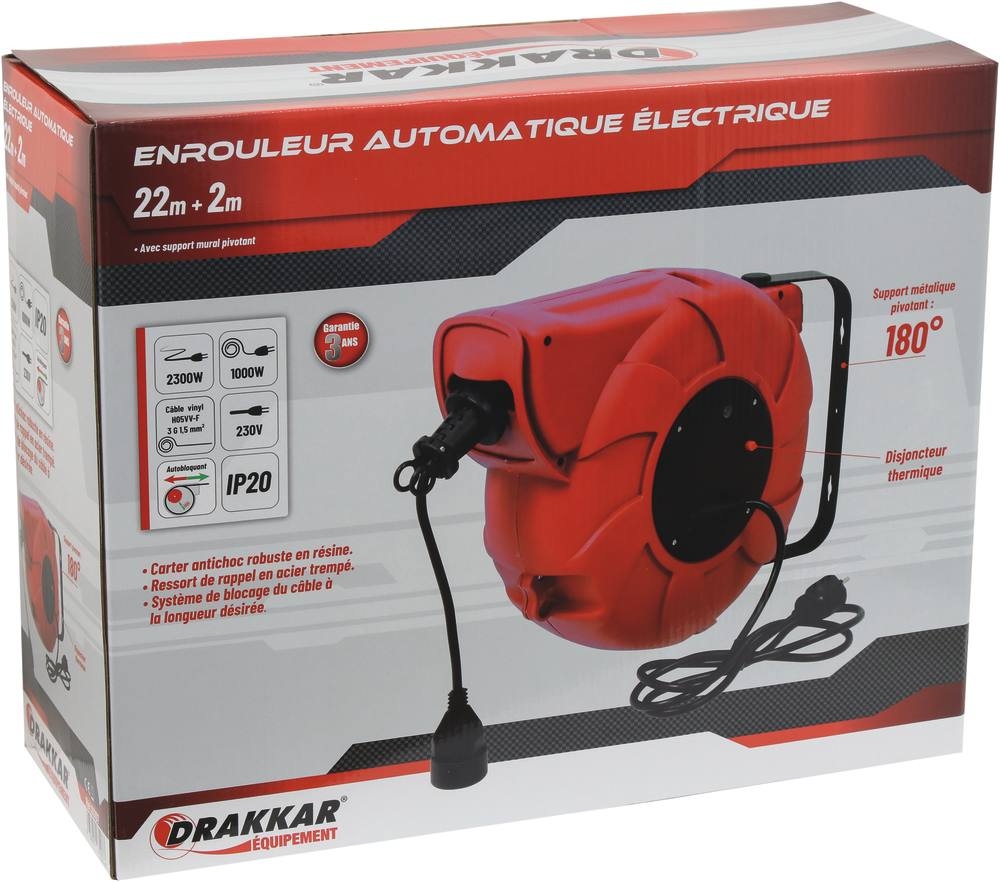 Enrouleur électrique automatique HO5VV-F 22m+2m 3G1,5mm² 230V DRAKKAR EQUIPEMENT - 03107