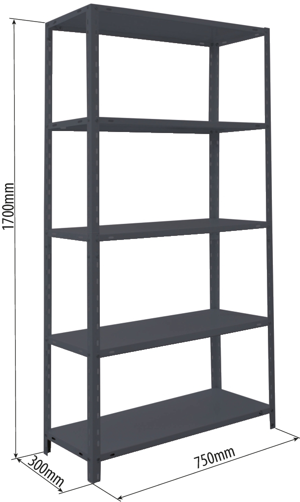 Etagère métallique à visser 5 tablettes métalliques 1700x750x300mm max 200kg STILKER - 09062