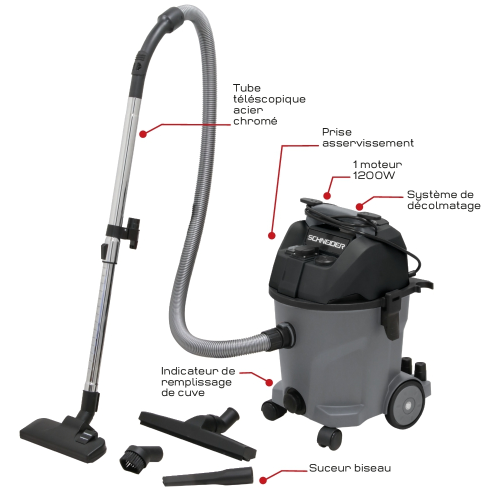 ASPIRATEUR 20L EAU & POUSSIERES 1200W CUVE PVC - PRISE + SYST DECOLMATAGE - SCHNEIDER ASPI - 50002