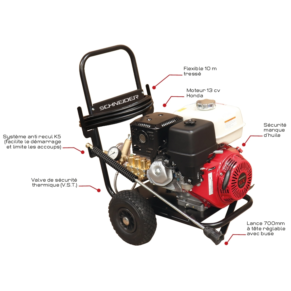 NETTOYEUR HP EAU FROIDE THERMIQUE 900L/H 240 BARS + FLEXIBLE 10M + LANCE - SCHNEIDER NHP - 50031