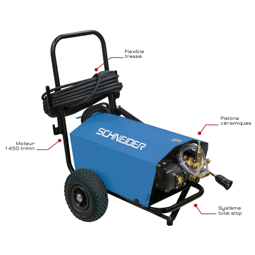 NETTOYEUR HP EAU FROIDE MONO 540L/H 160 BARS + FLEXIBLE 20M TOTAL STOP - SCHNEIDER NHP - 50044