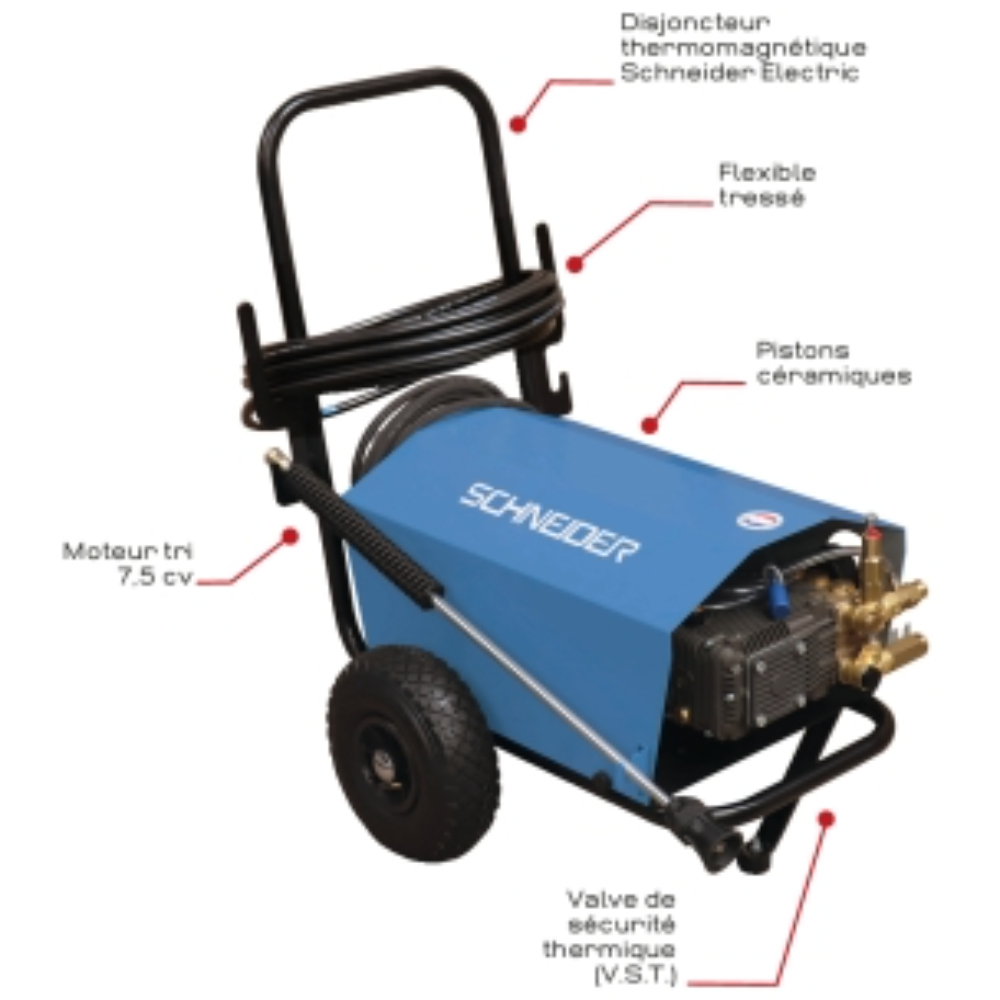 Nettoyeur HP eau froide 380V 15 l/min 200 bar avec flexible 20m SCHNEIDER NHP - 50064