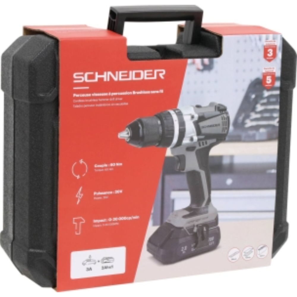 Perceuse visseuse à percussion brushless 20V 60Nm 1 batterie 2Ah Li-ion - mallette SCHNEIDER ELECTRO - 50825