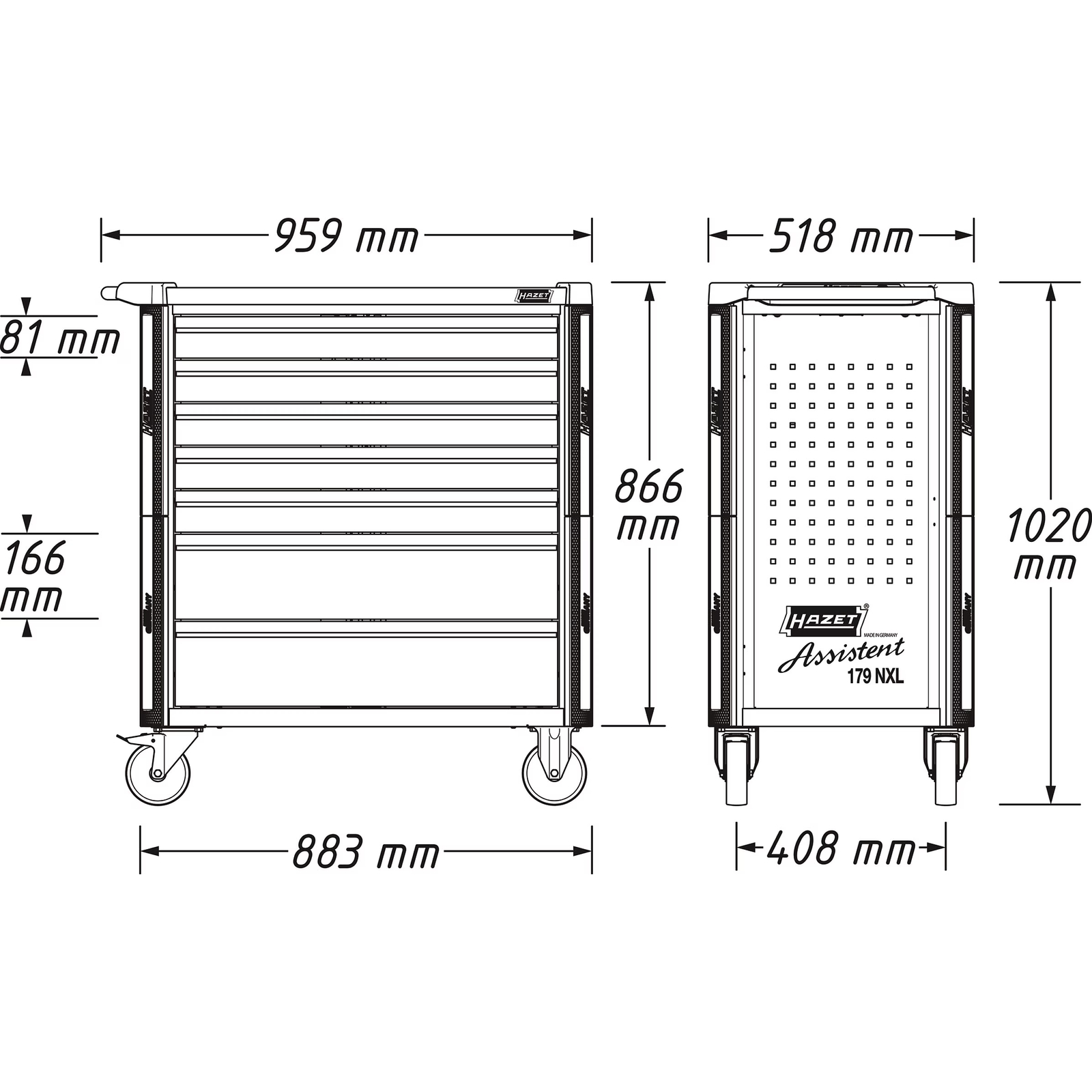 Servante d’atelier édition spéciale 8 tiroirs acier inoxydable 959 x 518 mm HAZET - 179NXL-8S1