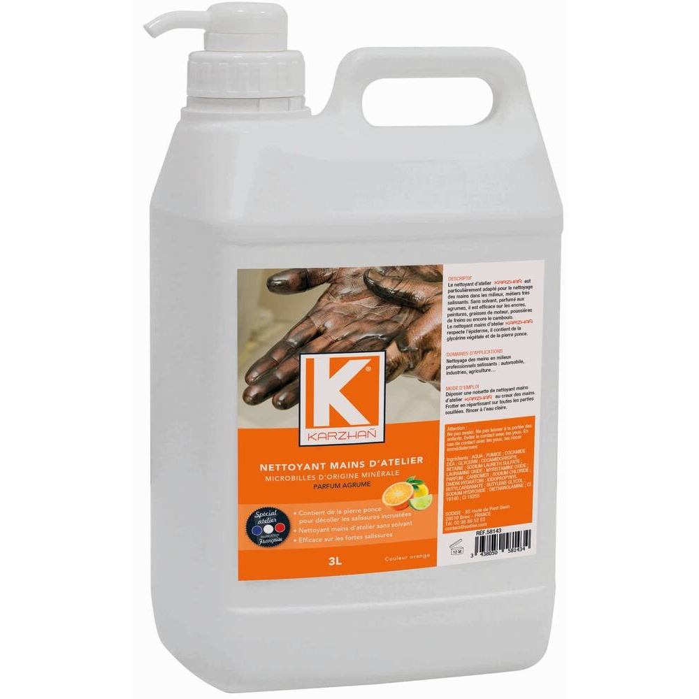 Nettoyant mains d'atelier orange parfum agrumes - bidon de 3L avec pompe KARZHAN - 58143
