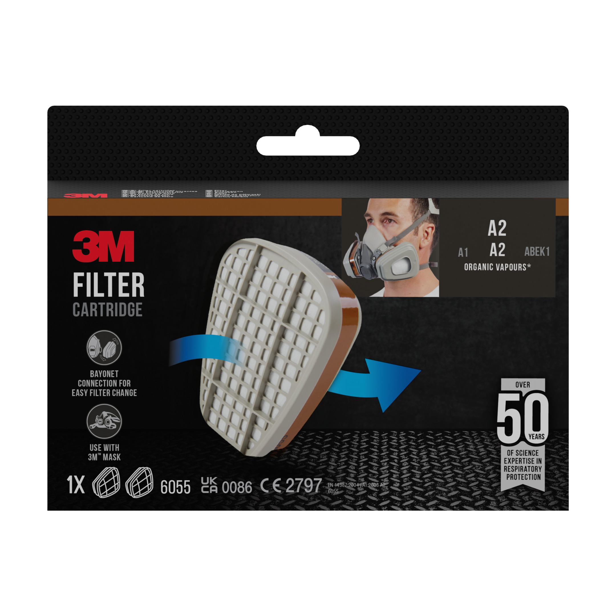 Filtres 6055 ANTI-GAZ A2 pour demi masque série 6000 - 1 paire - 3M - 6055N01 00