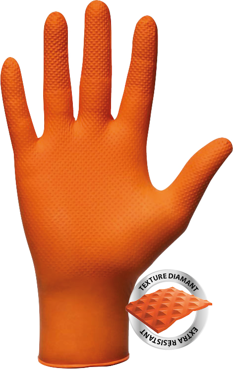 Gants jetables ambidextres nitrile 240mm 0,26mm orange L(9) - Boîte de 50 pcs MERCATOR - 65149