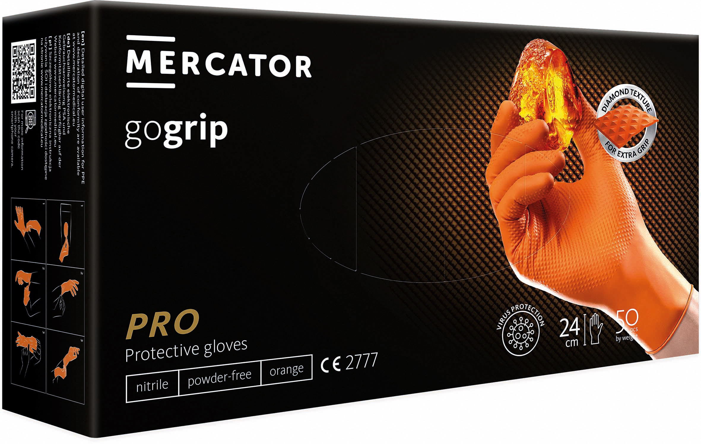 Gants jetables ambidextres nitrile 240mm 0,26mm orange XL(10) - Boîte de 50 pcs MERCATOR - 65150