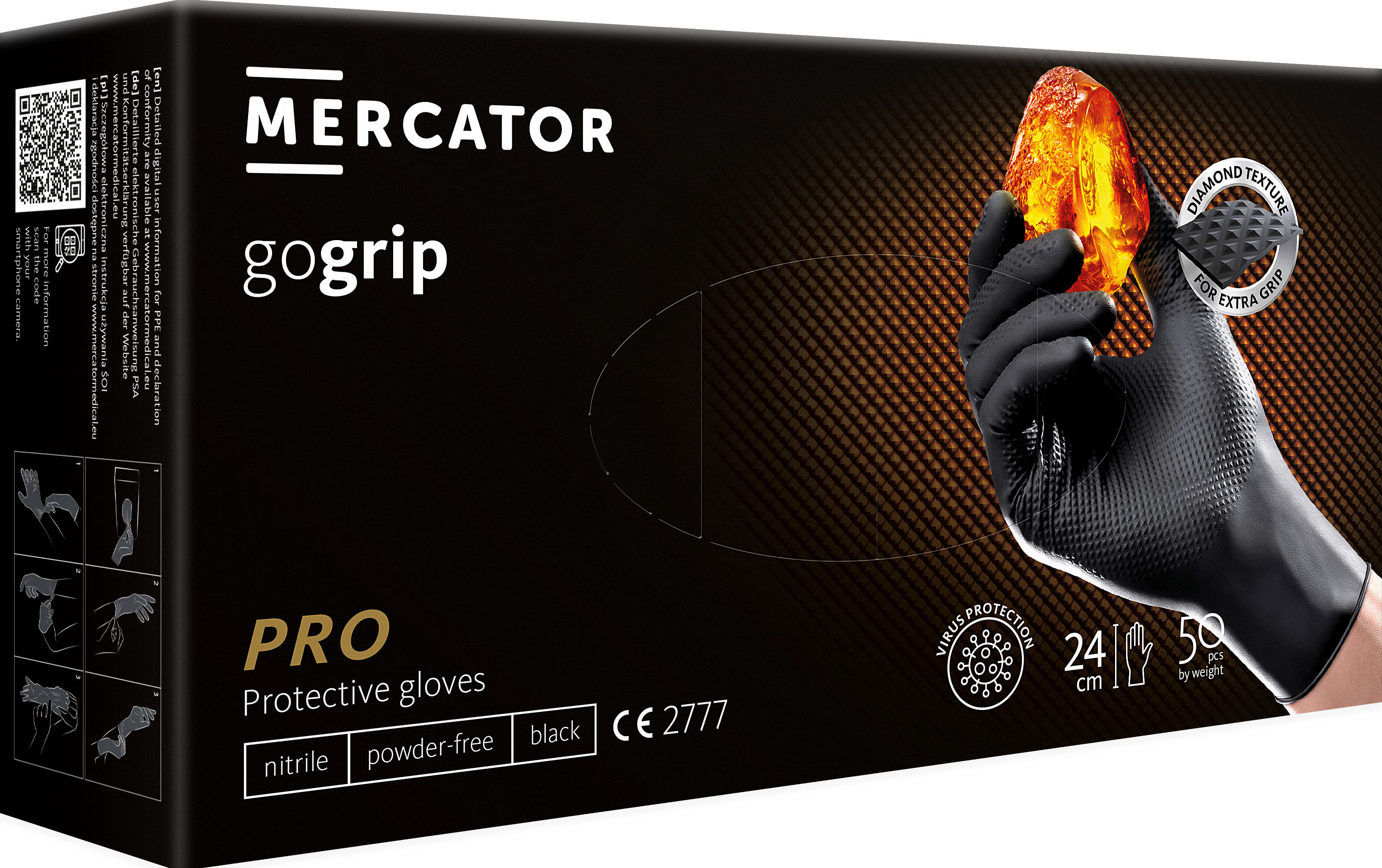 Gants jetables ambidextres nitrile 240mm 0,18mm noir T8 - Boîte de 50 pcs MERCATOR - 65152