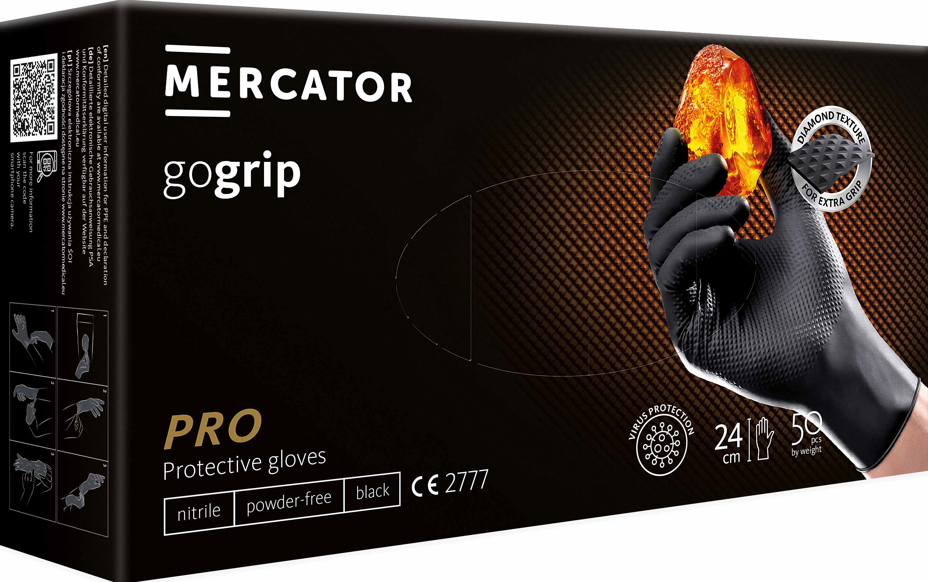 Gants jetables ambidextres nitrile 240mm 0,18mm noir T10 - Boîte de 50 pcs MERCATOR - 65154