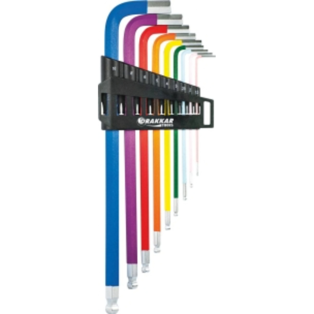 9 CLES MALES HEXAGONALES EXTRA LONGUES EMBOUT SPHERIQUE - CODES COULEURS S - DRAKKAR TOOLS - 68423