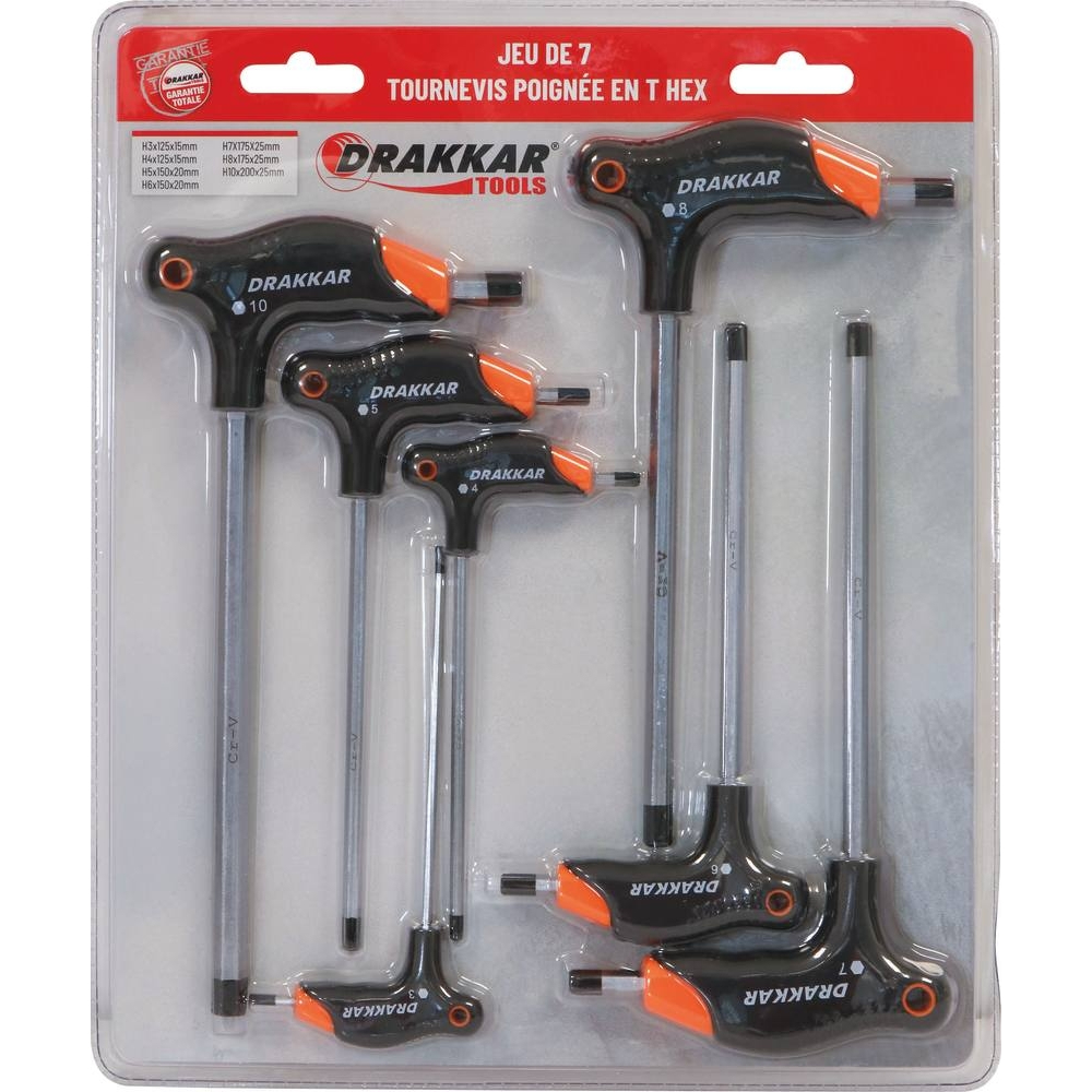 JEU DE 7 TOURNEVIS POIGNEE EN T HEX - DRAKKAR TOOLS - 69030