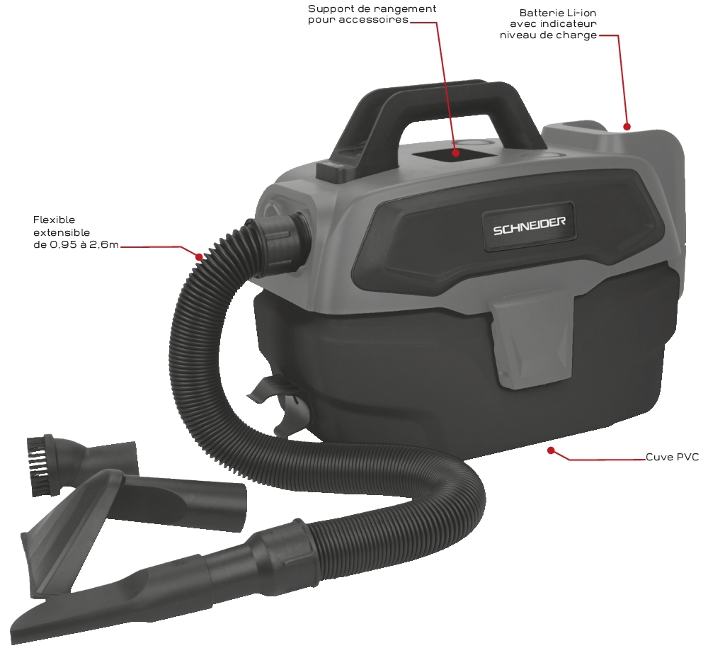 Aspirateur eau et poussière 7,5L 150W sur batterie 20V 2Ah SCHNEIDER - 50000