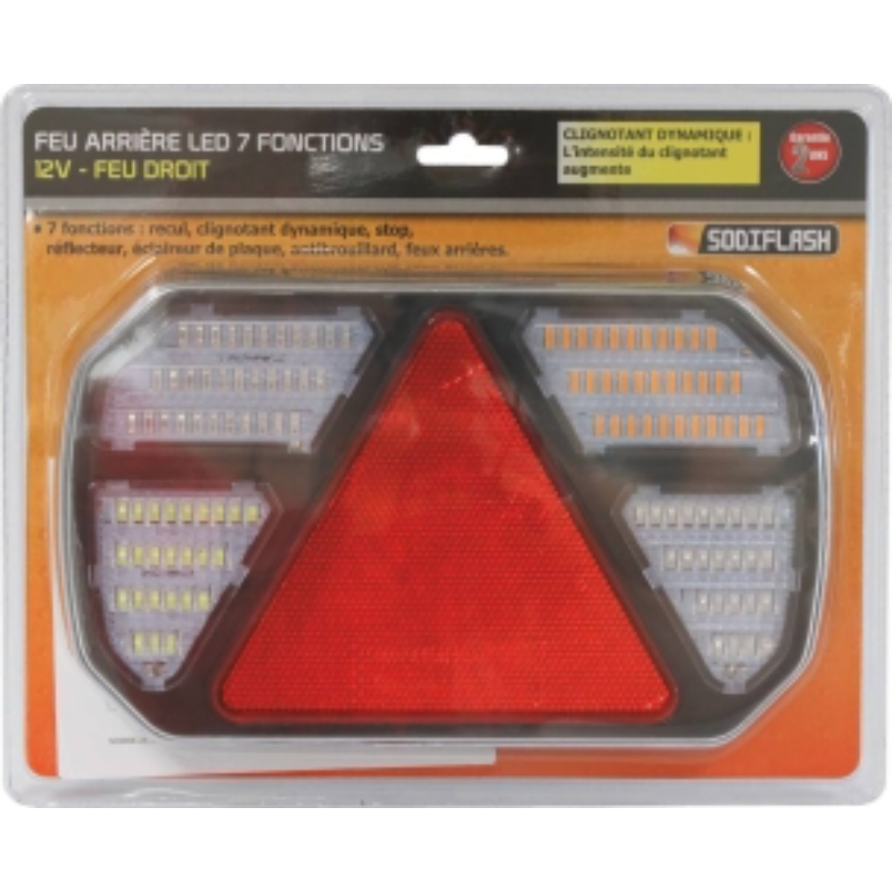 Feu arrière rectangle LED 12V 7 fonctions 245x150mm - lot droit et gauche SODIFLASH - 79582
