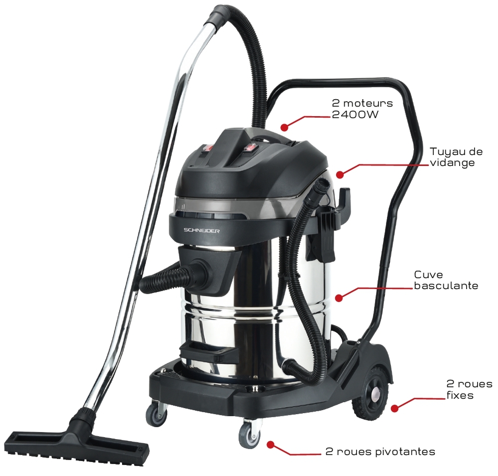 Aspirateur eau et poussière 60L 230V 2400W cuve inox basculante 2 moteurs SCHNEIDER - 50007