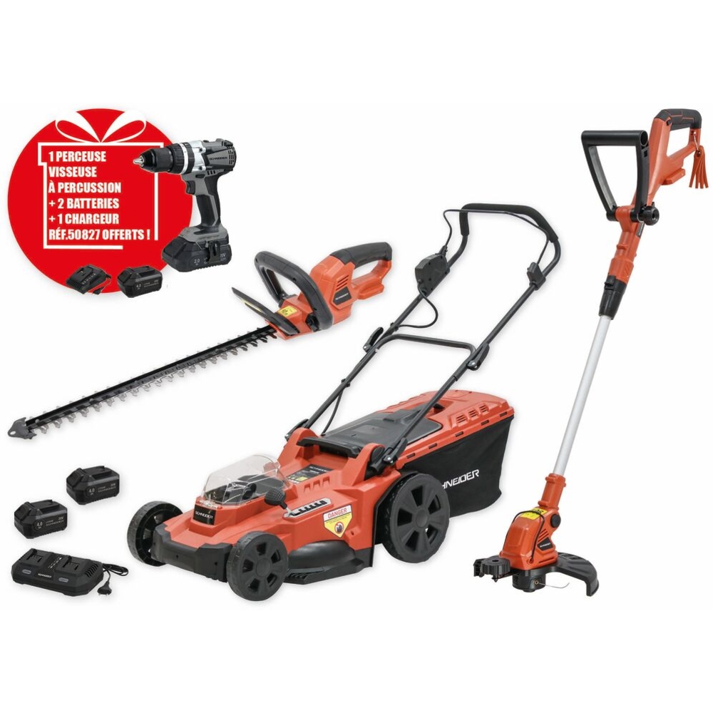 Pack 20V tondeuse, taille haie, coupe-bordure - 2 batteries Li-ion SCHNEIDER ELECTRO - 83589